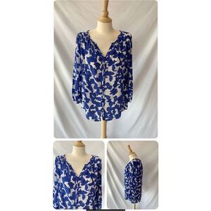 Tori Richard Honolulu Women's 100% Silk Blouse Blue & White Sz 0